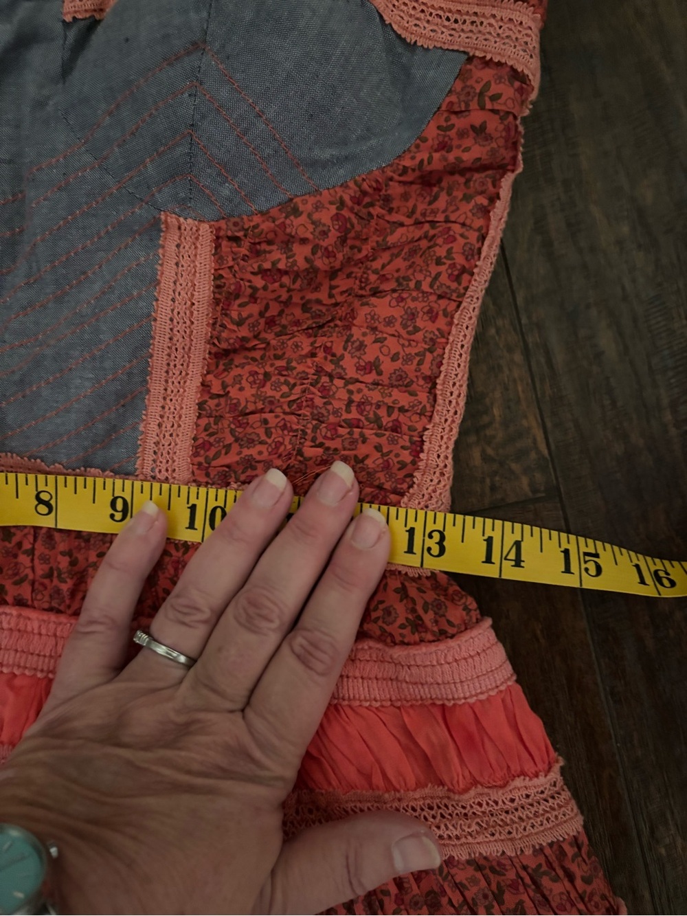 Vintage Y2K American Rag Striped Lace-Trim Mini Dress in Coral and Denim - XS - Picture 5 of 11